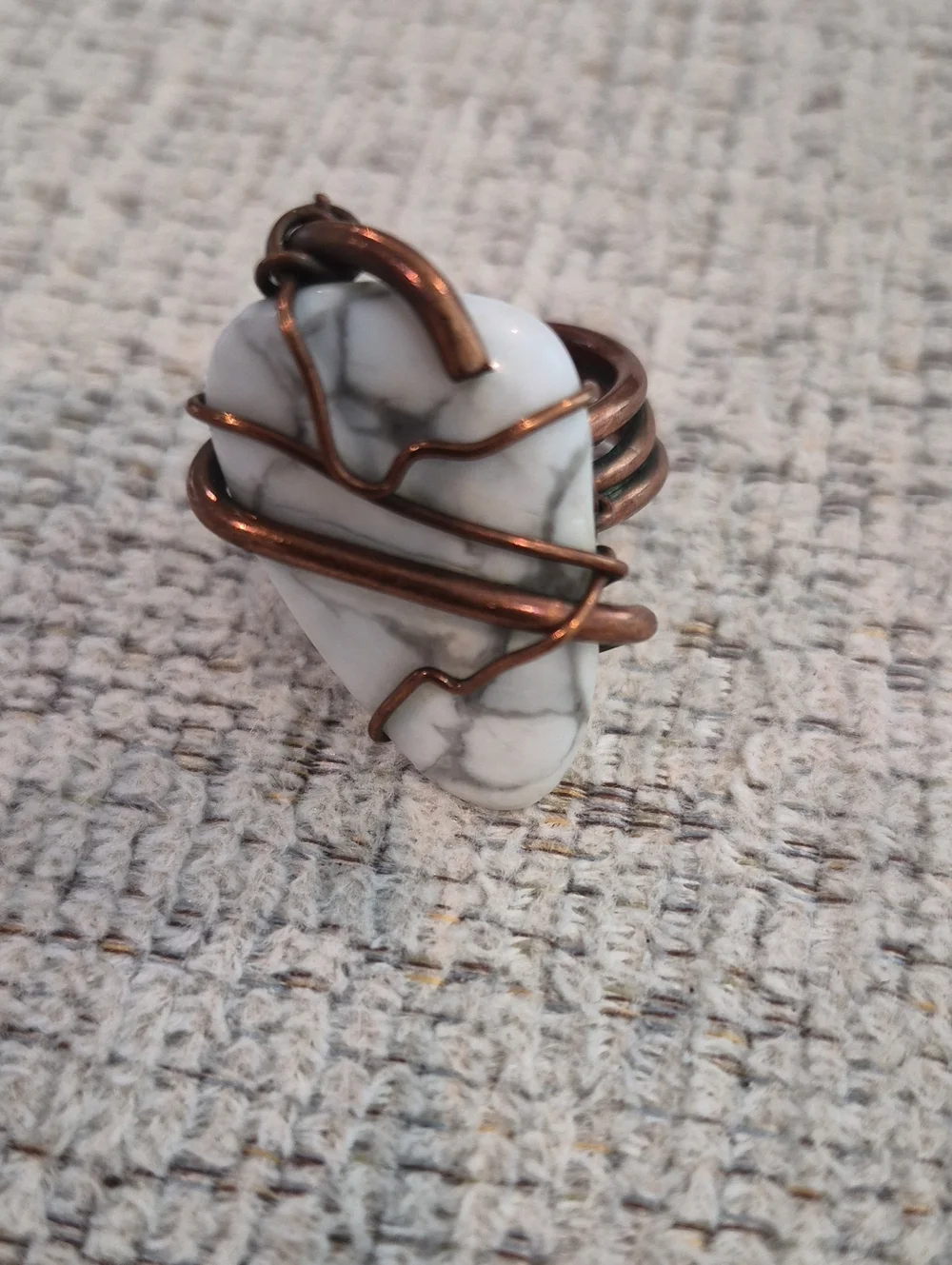 White Howlite Statement Ring with Bronze Wire Wrap - Women Jewelry